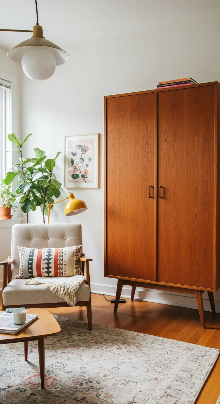 Cama abatible oculta en un armario de madera de estilo mid-century modern.