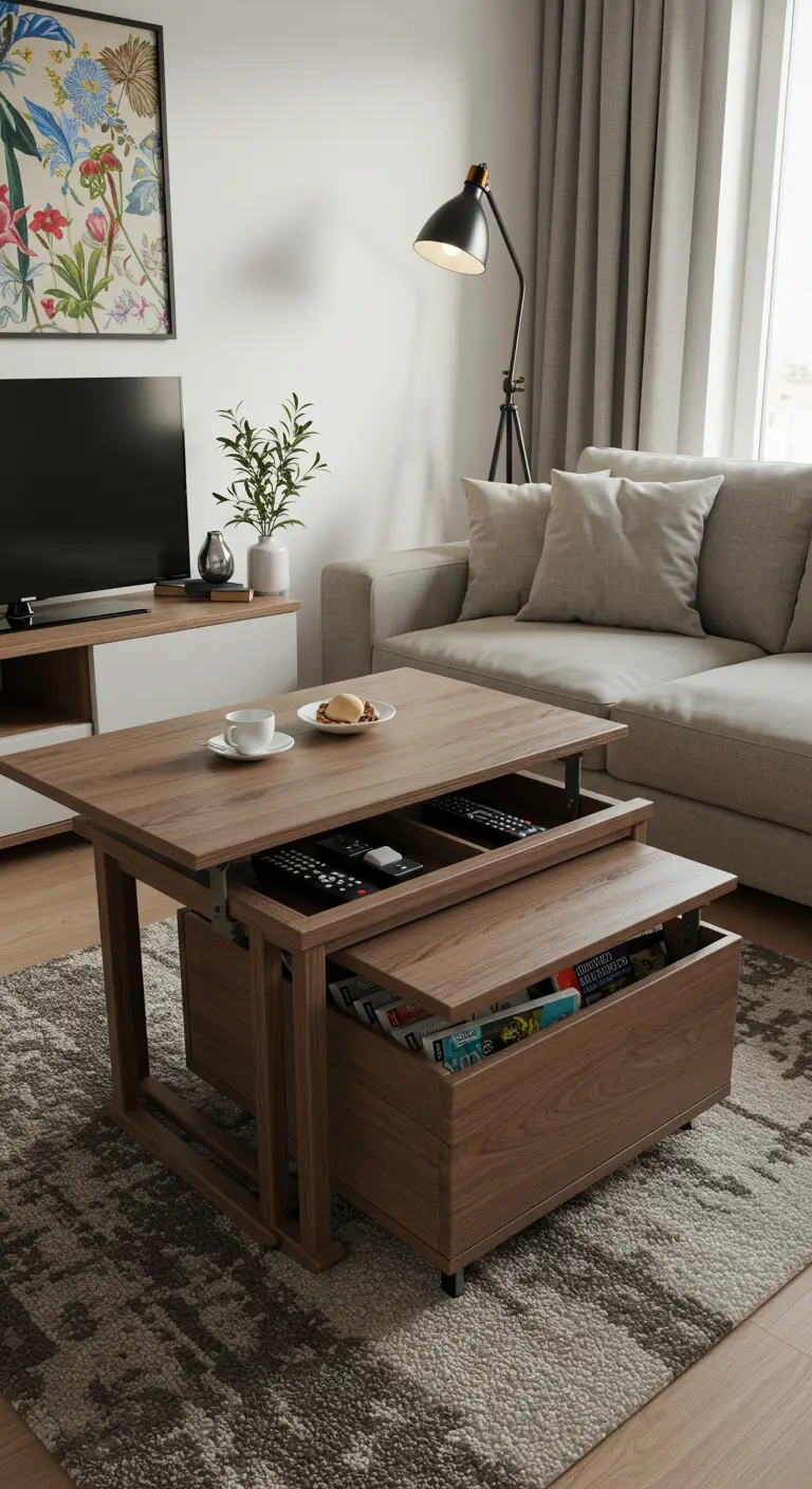 Mesa nido elevable de madera con compartimentos de almacenaje ocultos en su interior