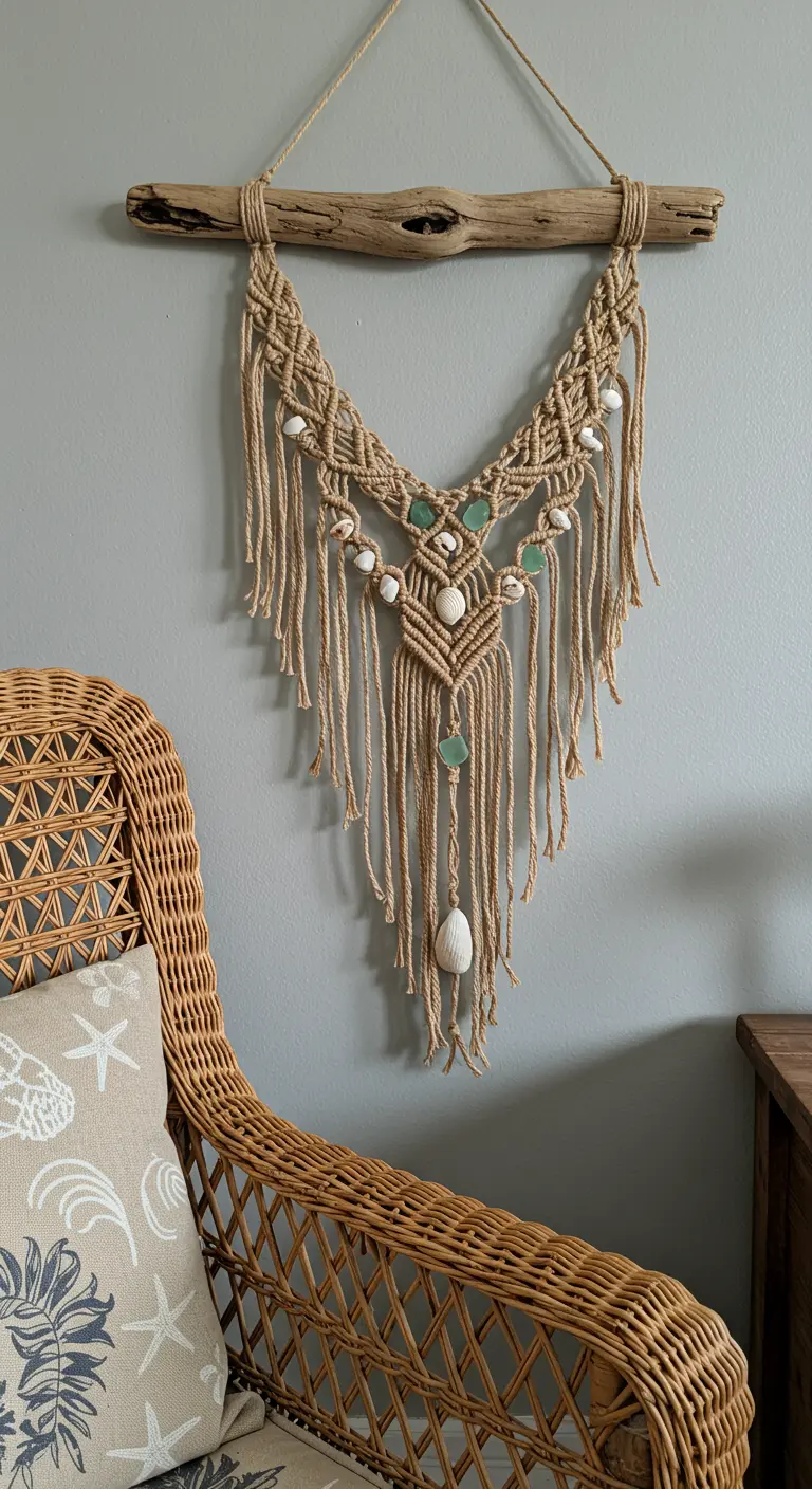 Tapiz de macramé estilo costero colgado de una rama con conchas y cristales marinos.