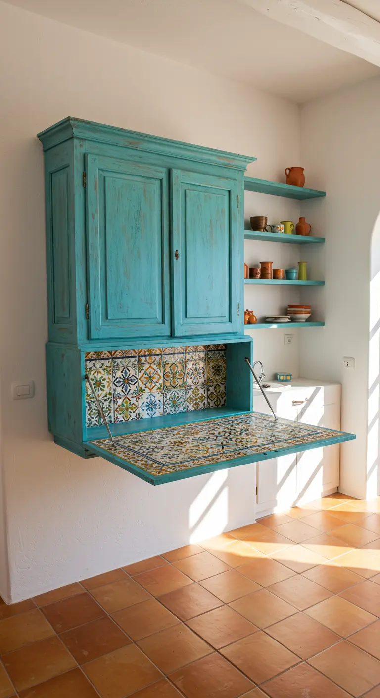 Mueble de pared vintage de color turquesa con una puerta abatible decorada con azulejos.