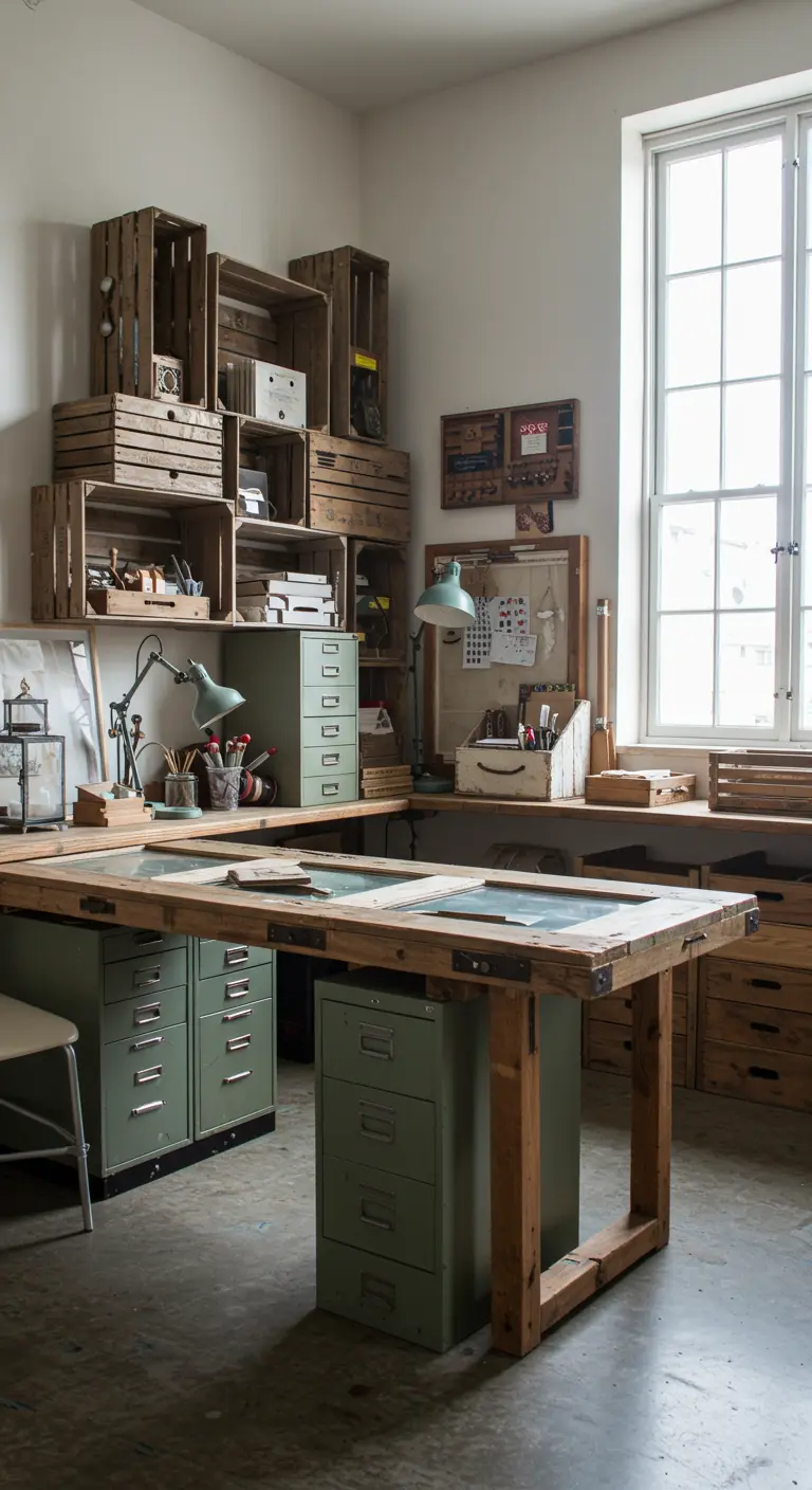 Amplio estudio de arte hecho con ficheros metálicos verdes, una mesa de madera y cajas de fruta apiladas.