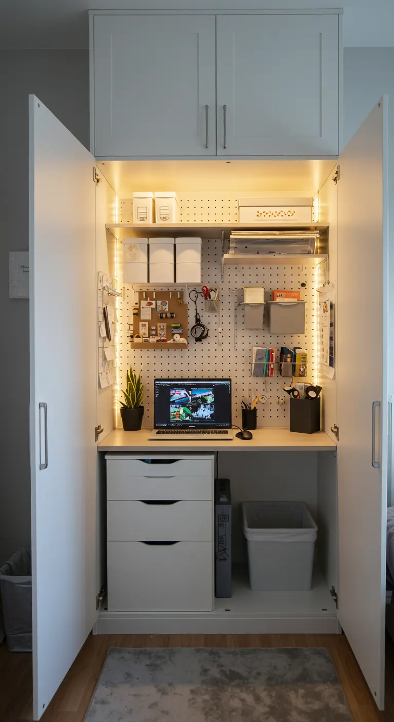 Armario-oficina blanco súper organizado con panel perforado, cajonera y luces LED perimetrales.