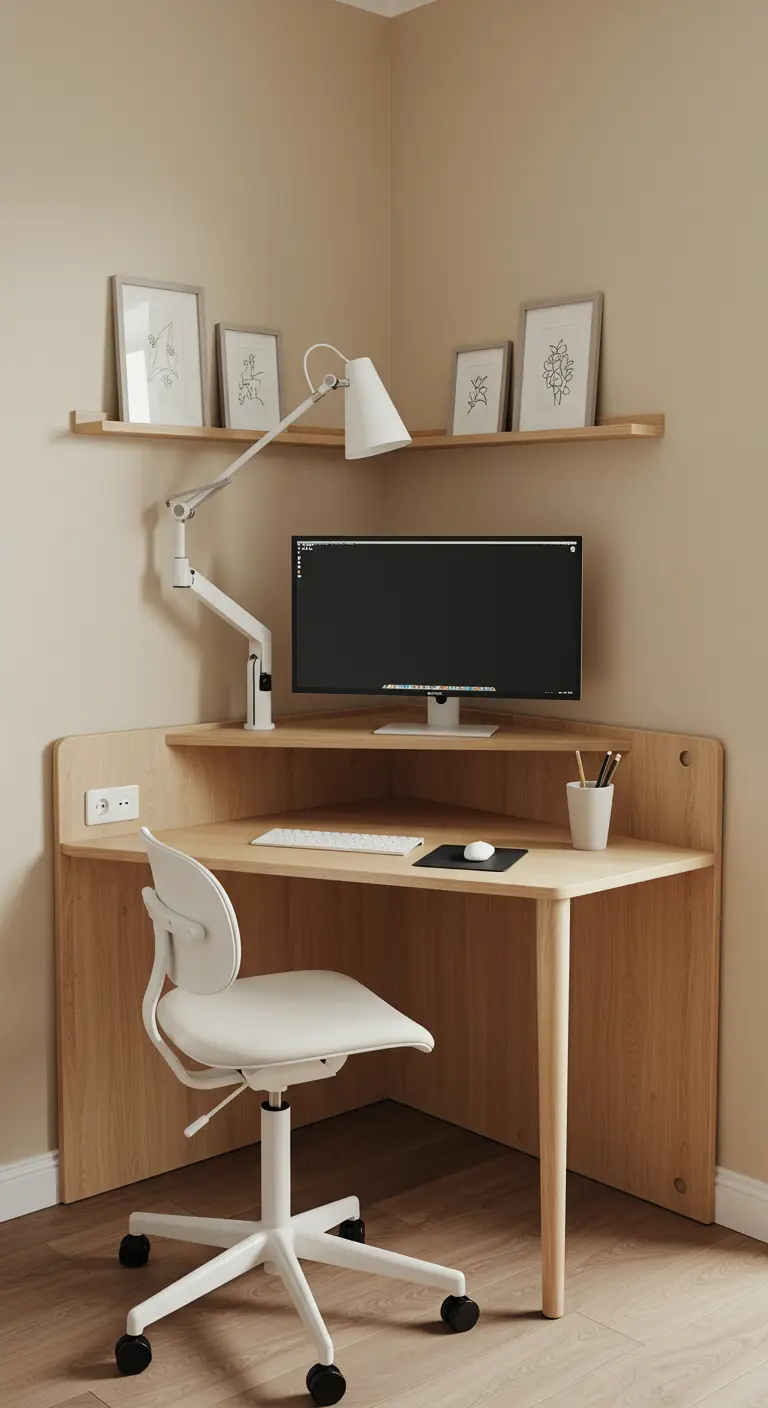 Escritorio esquinero de madera clara con silla de oficina blanca y lámpara de brazo articulado.