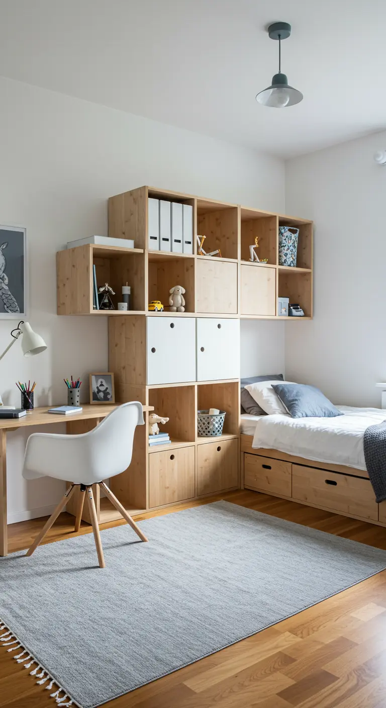Sistema de estanterías modulares de madera y blanco sobre una cama con cajones.