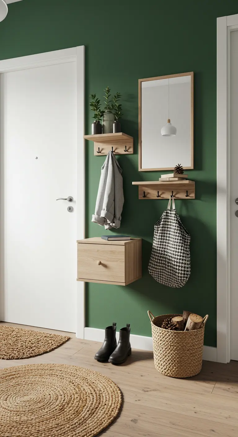 Entrada moderna y funcional con pared verde y muebles modulares de madera.