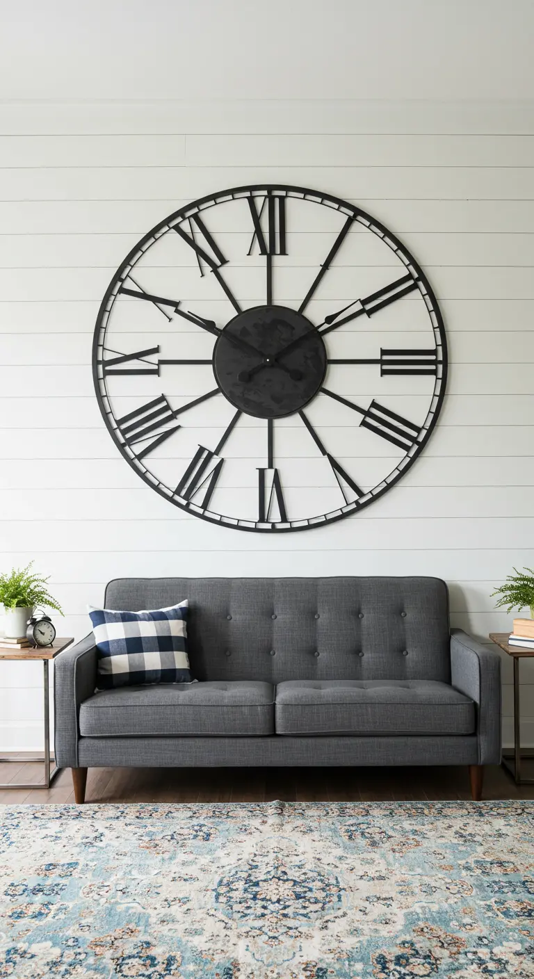 Reloj de pared gigante con números romanos de metal negro sobre una pared de lamas blancas