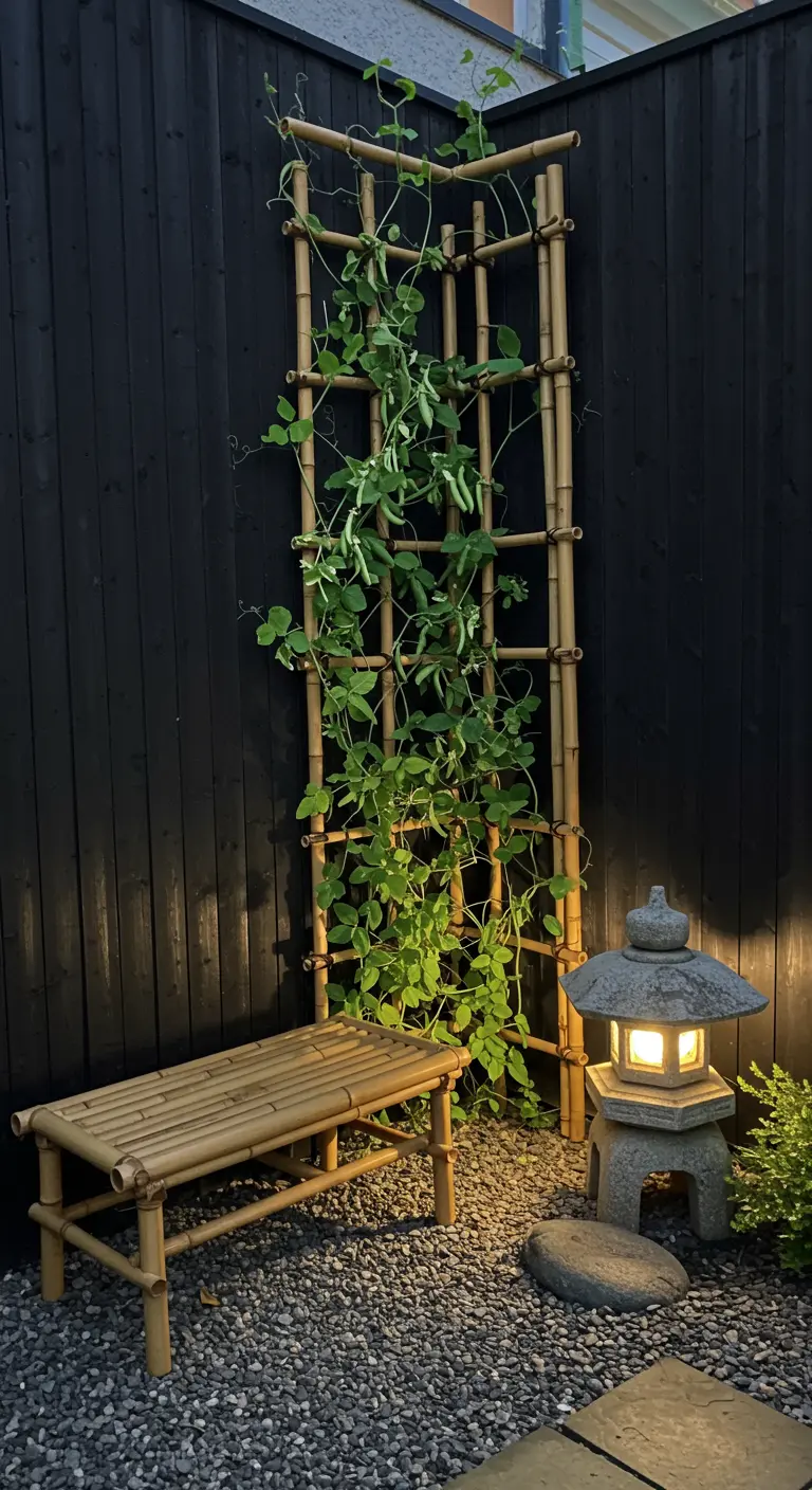Enrejado de bambú con judías trepadoras y una linterna japonesa en un rincón zen.