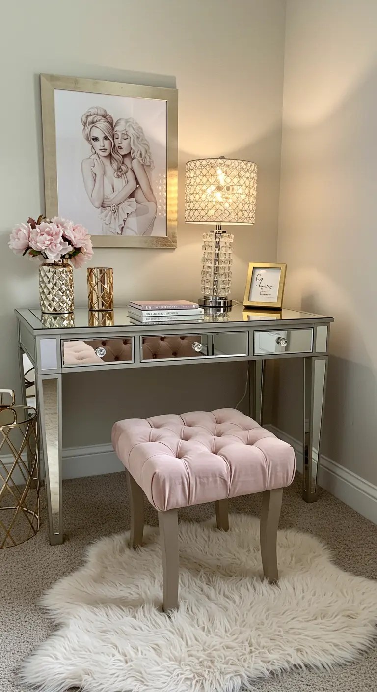 Rincón de trabajo glamuroso con escritorio de espejo, taburete de terciopelo rosa y lámpara de cristal.