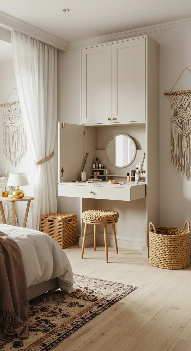 Tocador plegable integrado en un armario beige con espejo redondo.