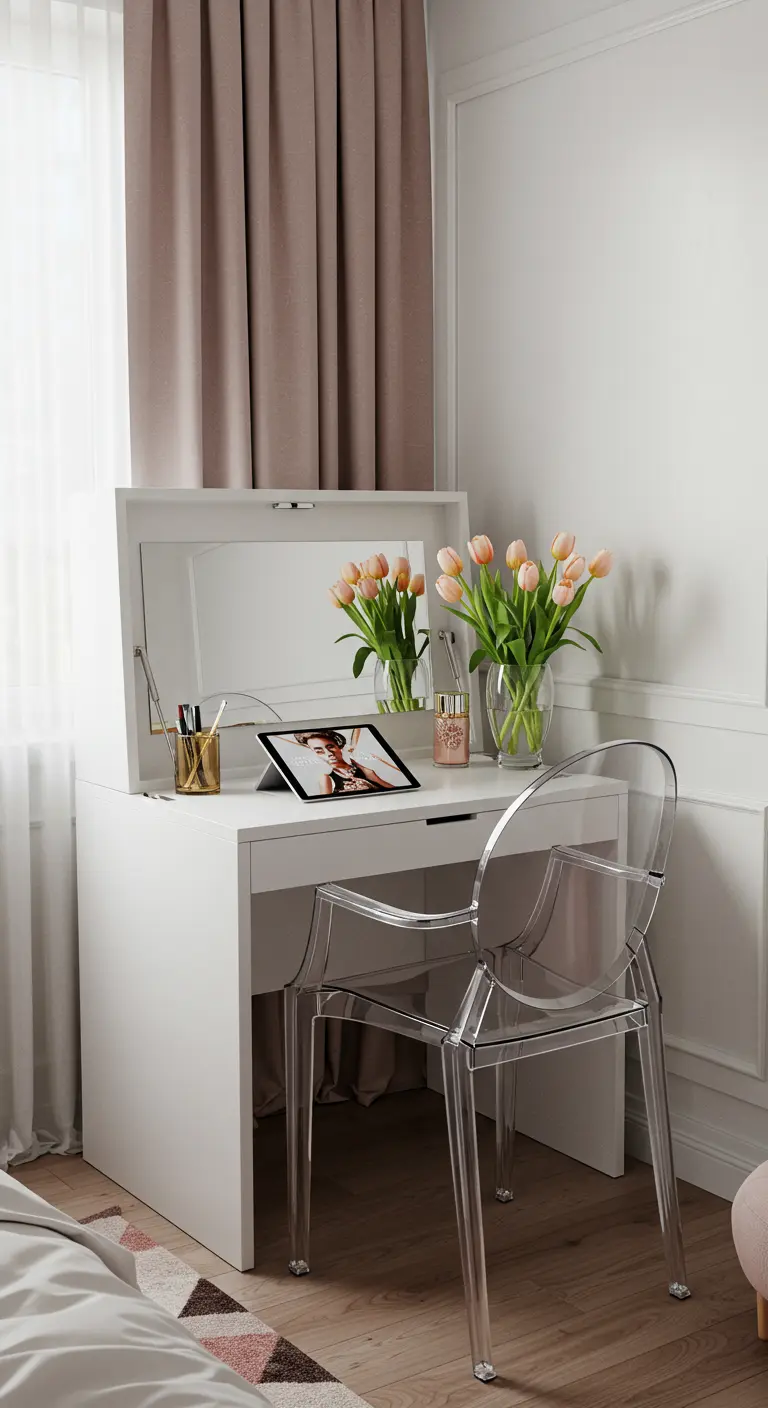 Escritorio blanco plegable que se convierte en tocador con espejo y silla transparente.