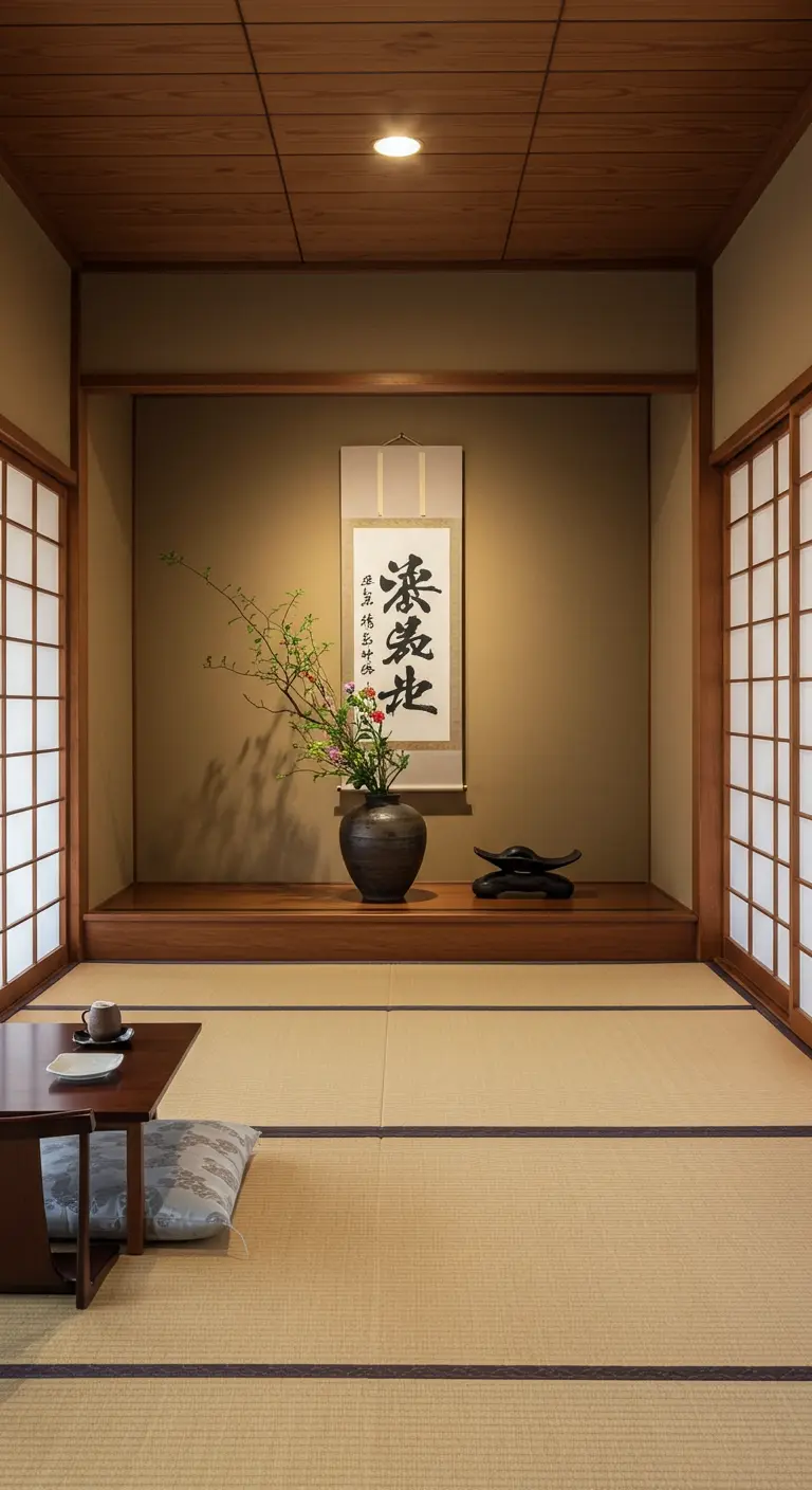 Habitación japonesa tradicional con un tokonoma que muestra caligrafía y un arreglo floral.
