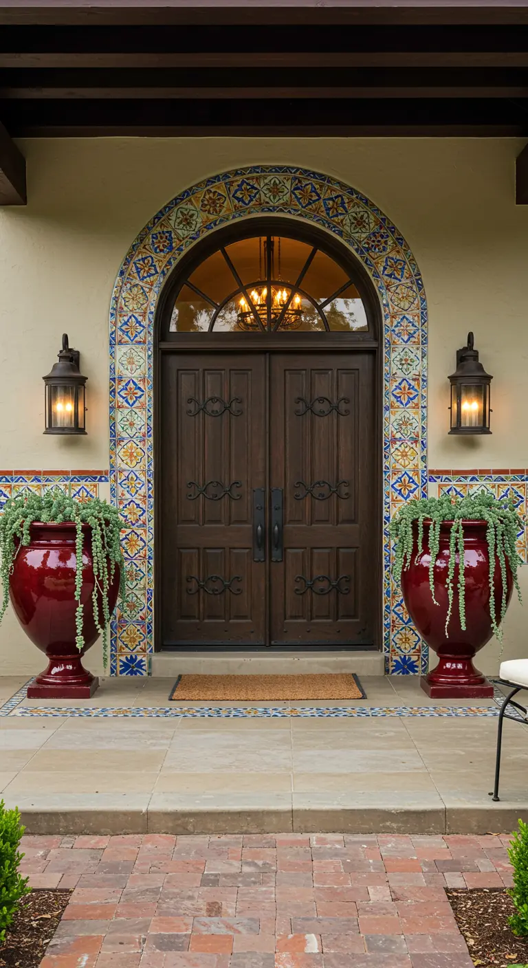 Entrada con arco de azulejos de colores y dos grandes macetas rojas con suculentas colgantes