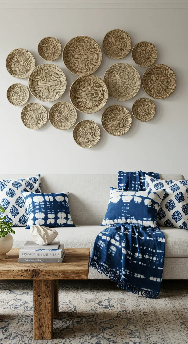 Sofá decorado con textiles Shibori y una pared con una colección de cestas de mimbre