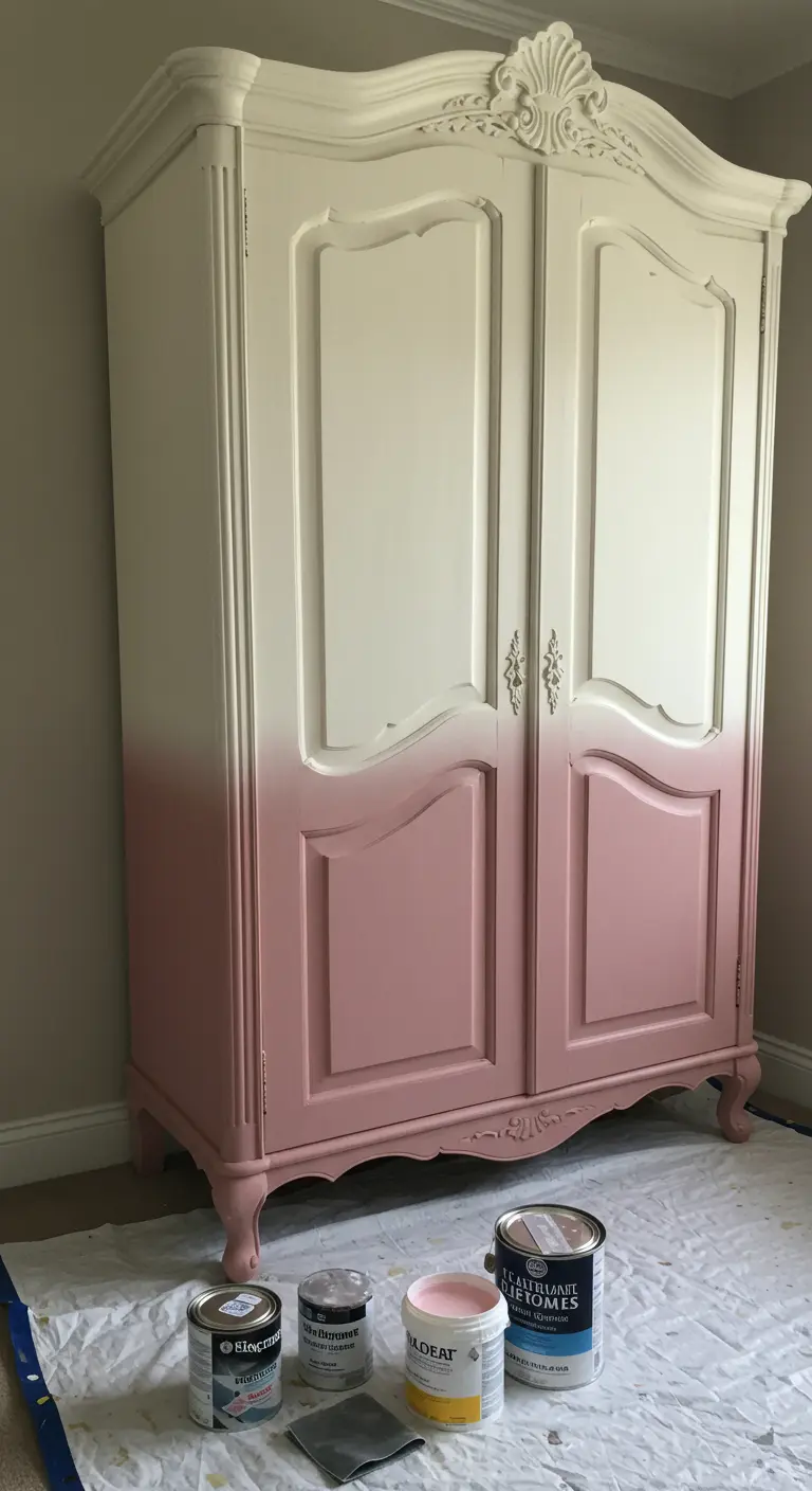 Armario antiguo pintado con un suave degradado de rosa en la base a blanco en la parte superior.