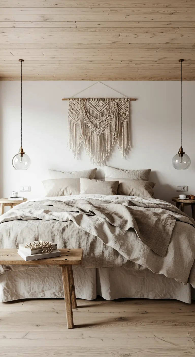 Dormitorio de estilo bohemio con un gran tapiz de macramé sobre la cama y ropa de cama de lino.