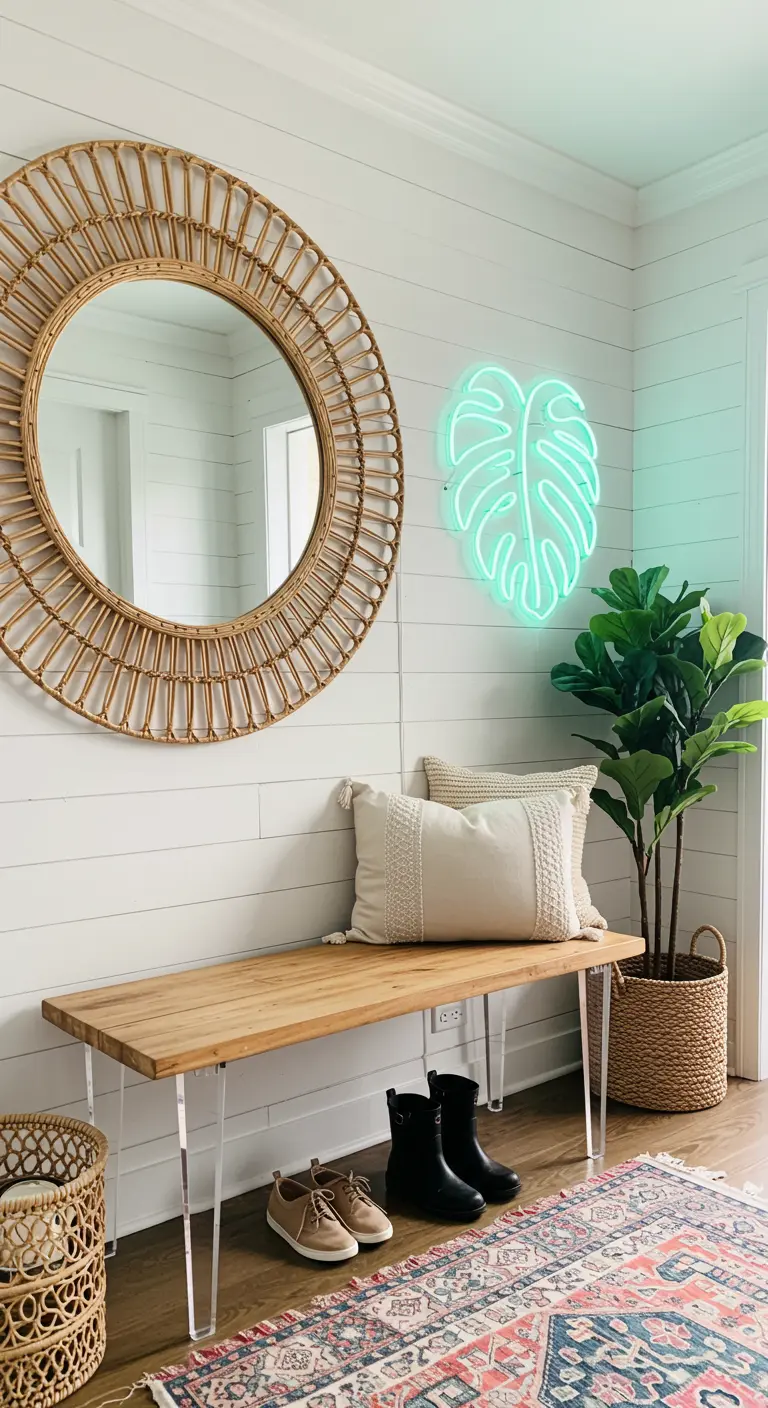 Entrada de estilo boho con espejo de ratán, banco de madera y acrílico, y neón de hoja de monstera.