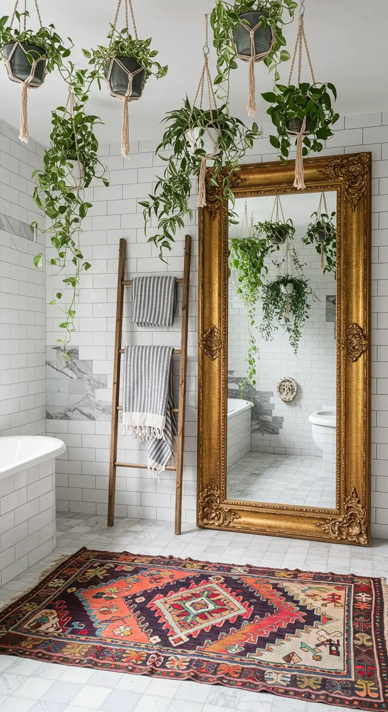 Baño con azulejos blancos, un gran espejo dorado, plantas colgantes y una alfombra kilim