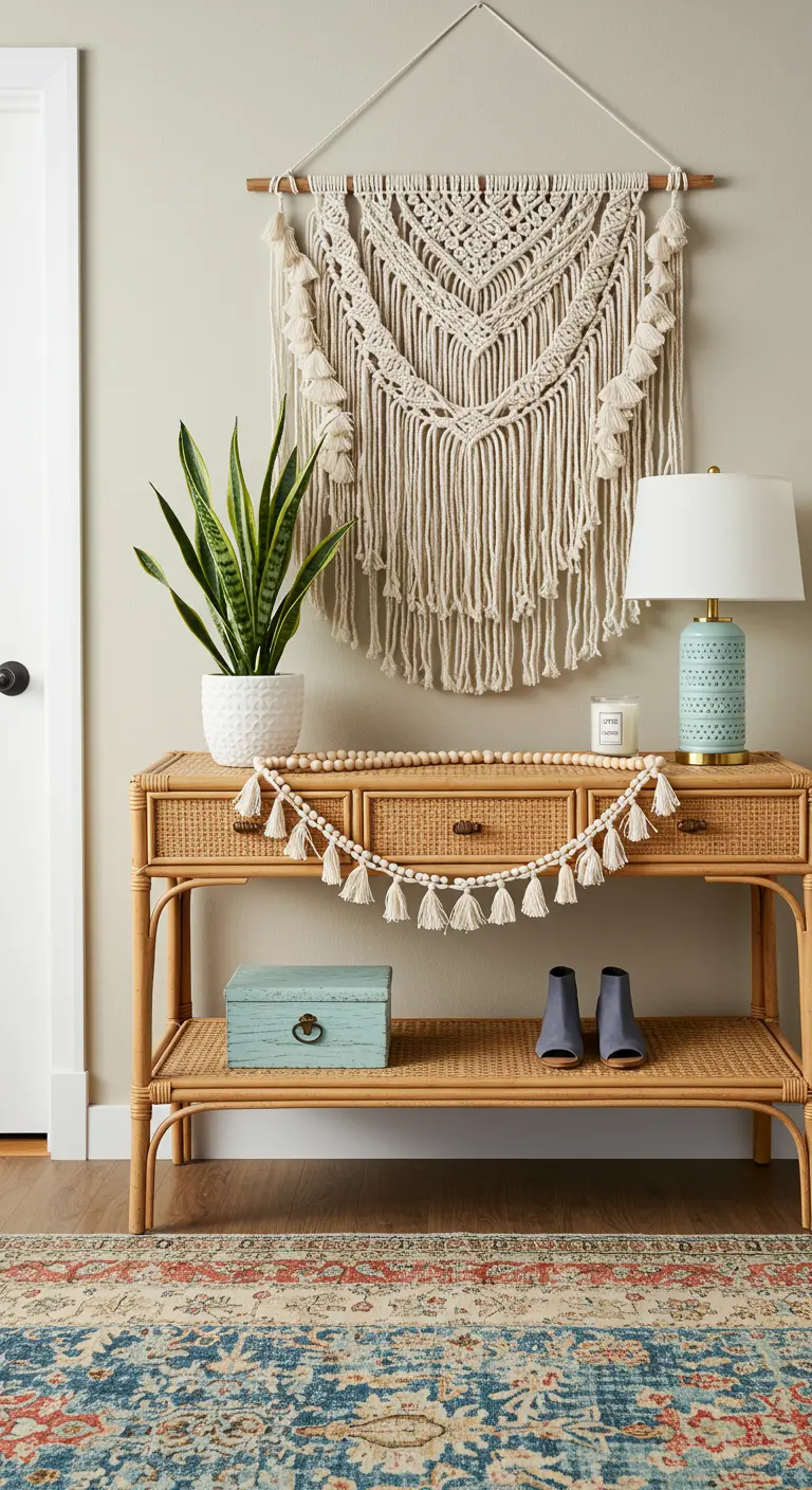 Consola de ratán con un tapiz de macramé, planta y lámpara turquesa.