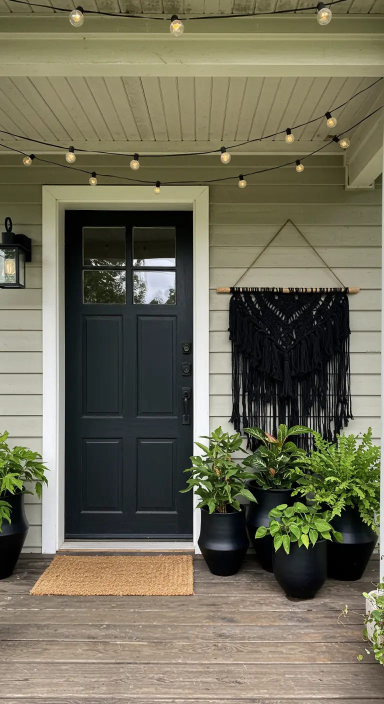 Puerta negra en un porche con un tapiz de macramé negro y guirnaldas de luces.