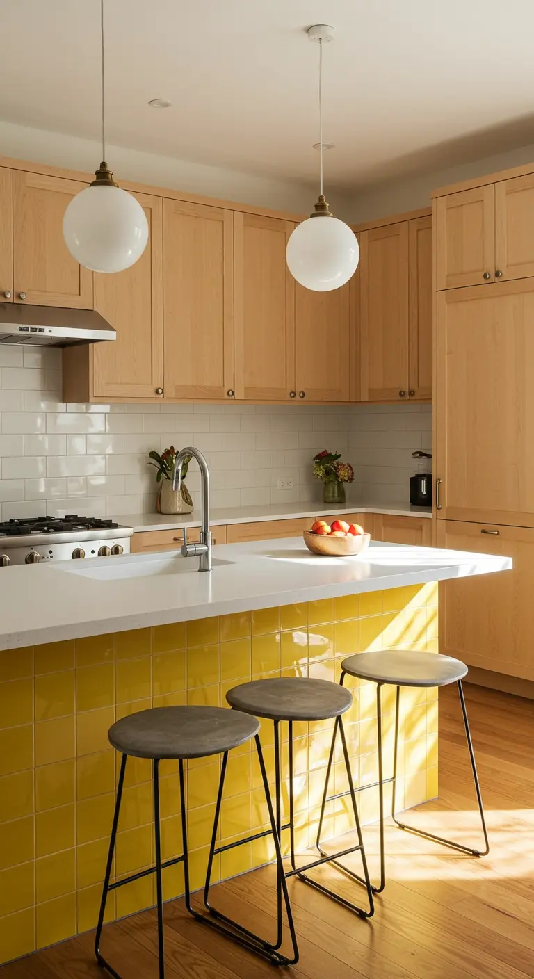 Isla de cocina revestida con azulejos mostaza brillantes y taburetes de diseño minimalista.