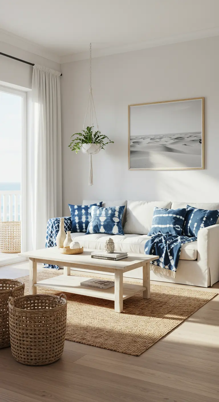 Salón luminoso con sofá blanco, cojines en azul índigo y elementos de yute y macramé