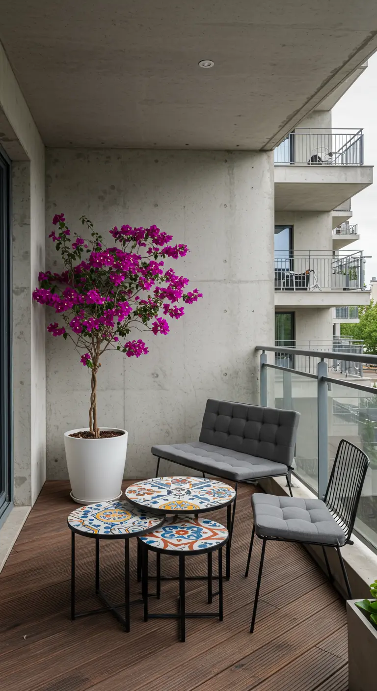 Balcón minimalista de hormigón con buganvilla en maceta blanca y mesas de mosaico.