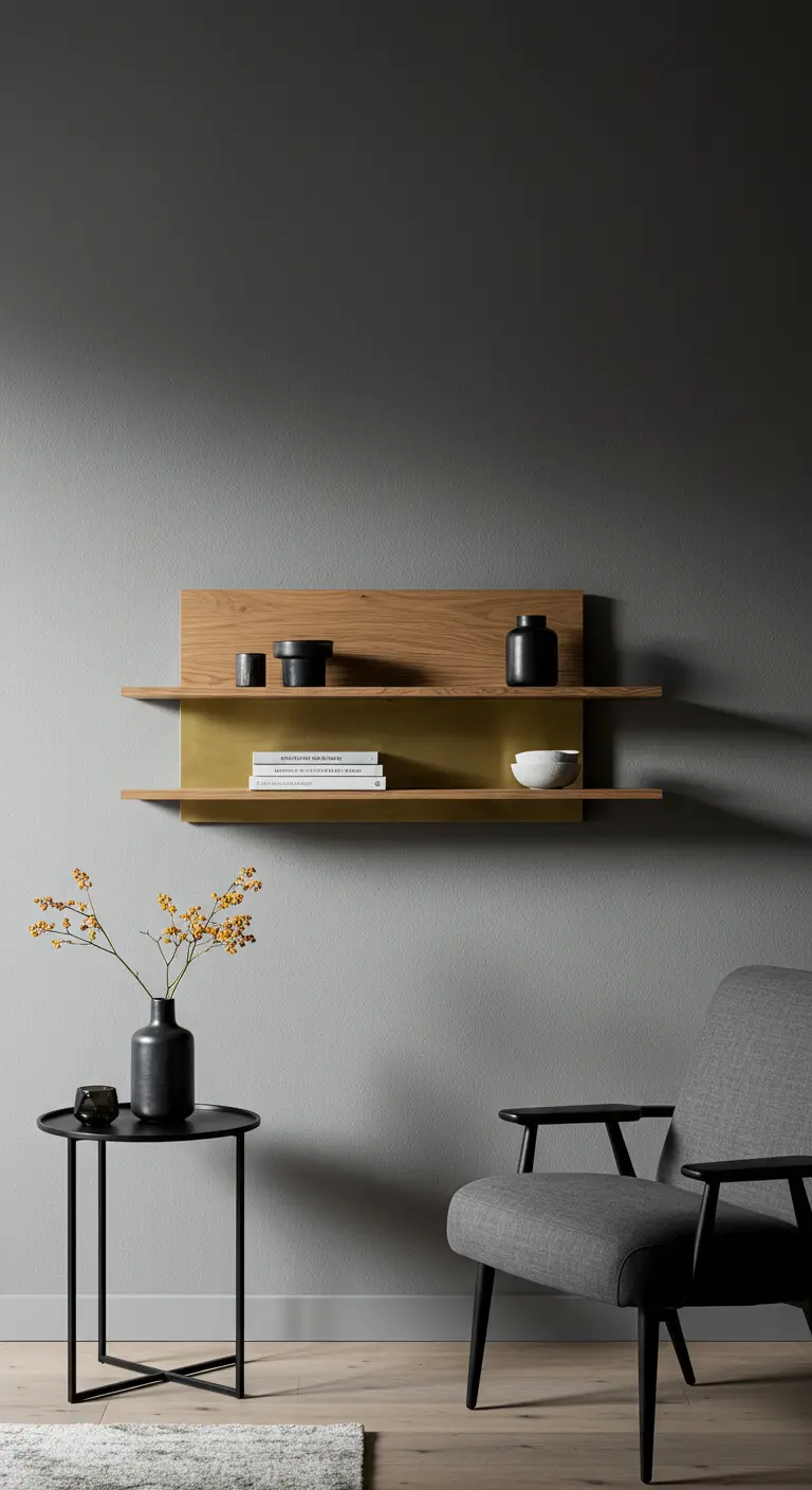 Estantería flotante de madera con un panel trasero de metal dorado para un toque elegante.