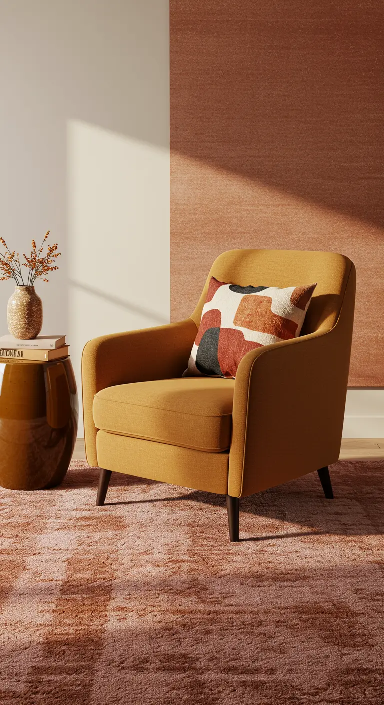 Sillón moderno color mostaza con un cojín abstracto y una mesita auxiliar brillante.