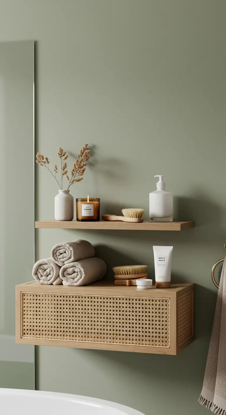 Estante de madera y mueble flotante con frente de ratán sobre pared verde salvia.