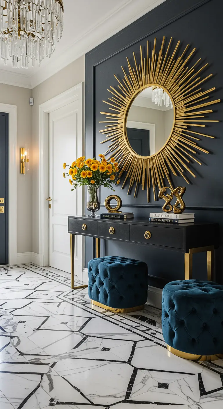 Recibidor glamuroso con pared azul oscuro, consola negra, espejo sol dorado y pufs de terciopelo.