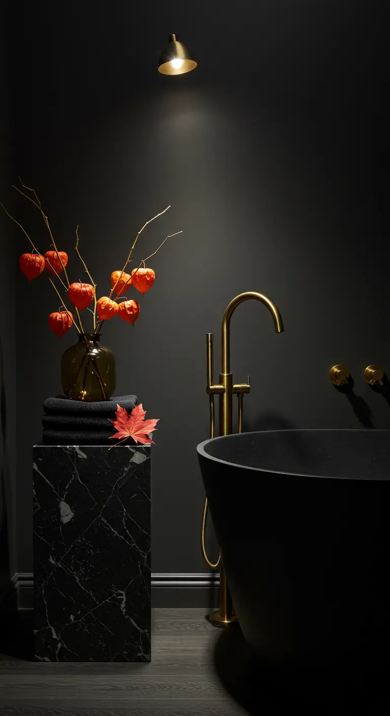Baño oscuro con pedestal de mármol negro y un jarrón con flores de physalis naranjas.