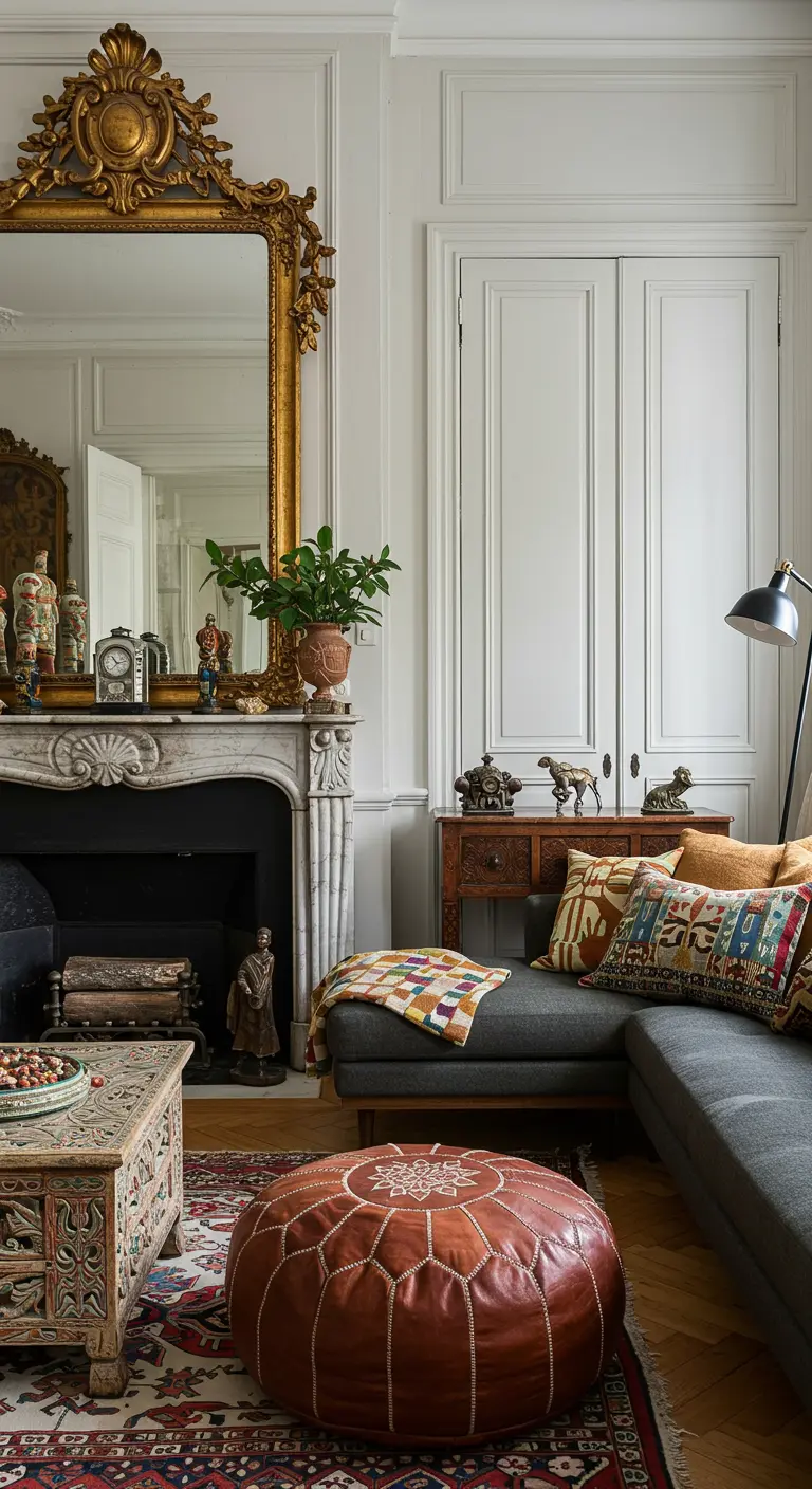 Sala con sofá gris, puf de cuero marroquí y cojines de estilo étnico.