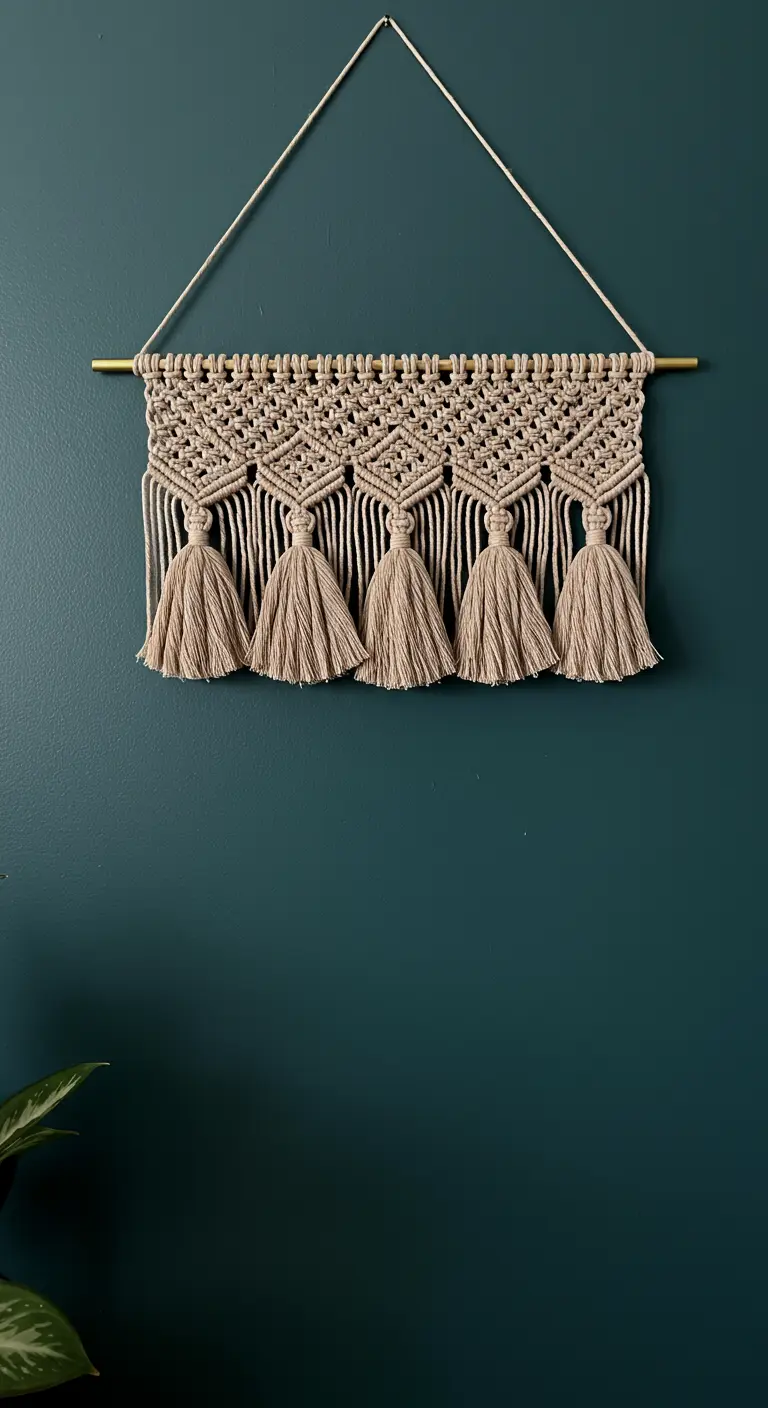 Tapiz de macramé con cinco grandes borlas colgando de una barra dorada sobre pared oscura.