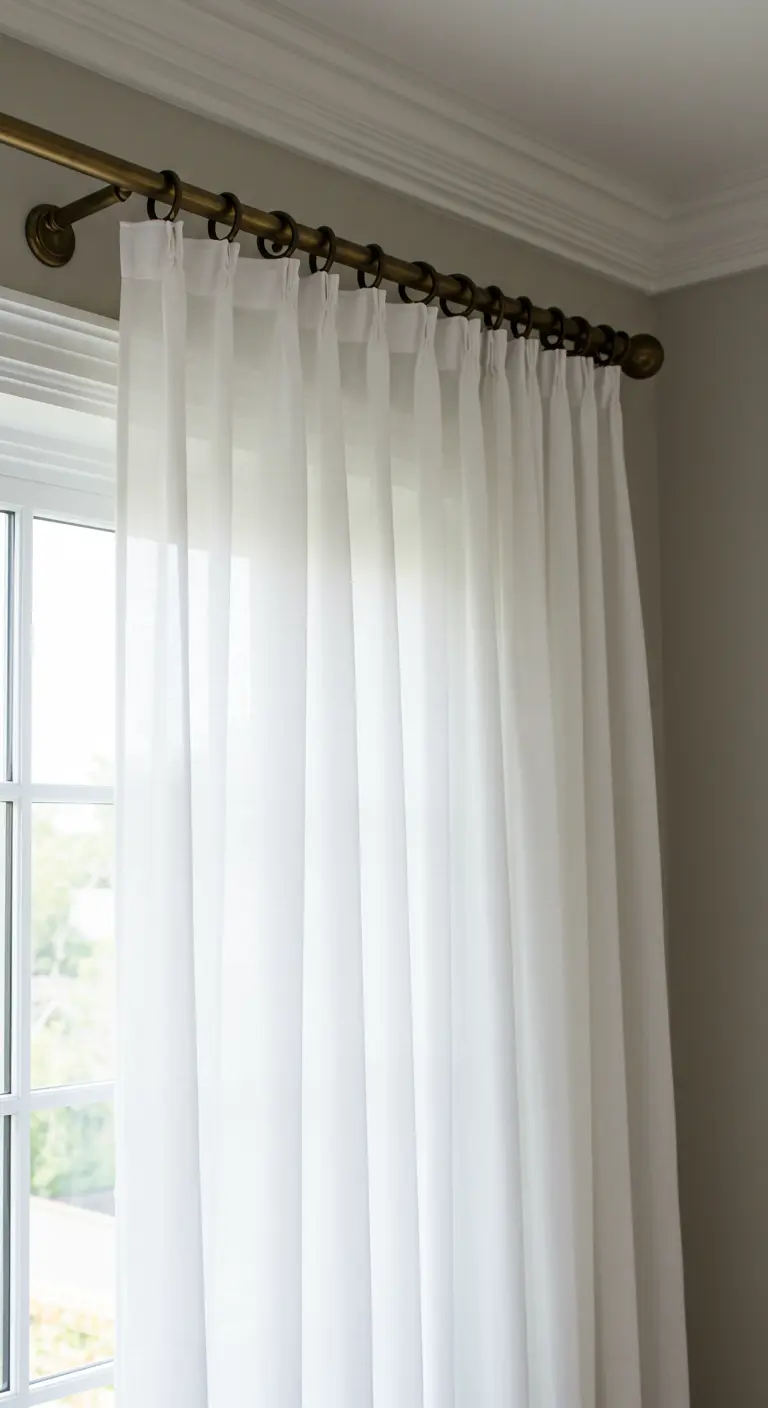 Barra de cortina de latón envejecido con anillas sosteniendo una cortina de lino blanca.