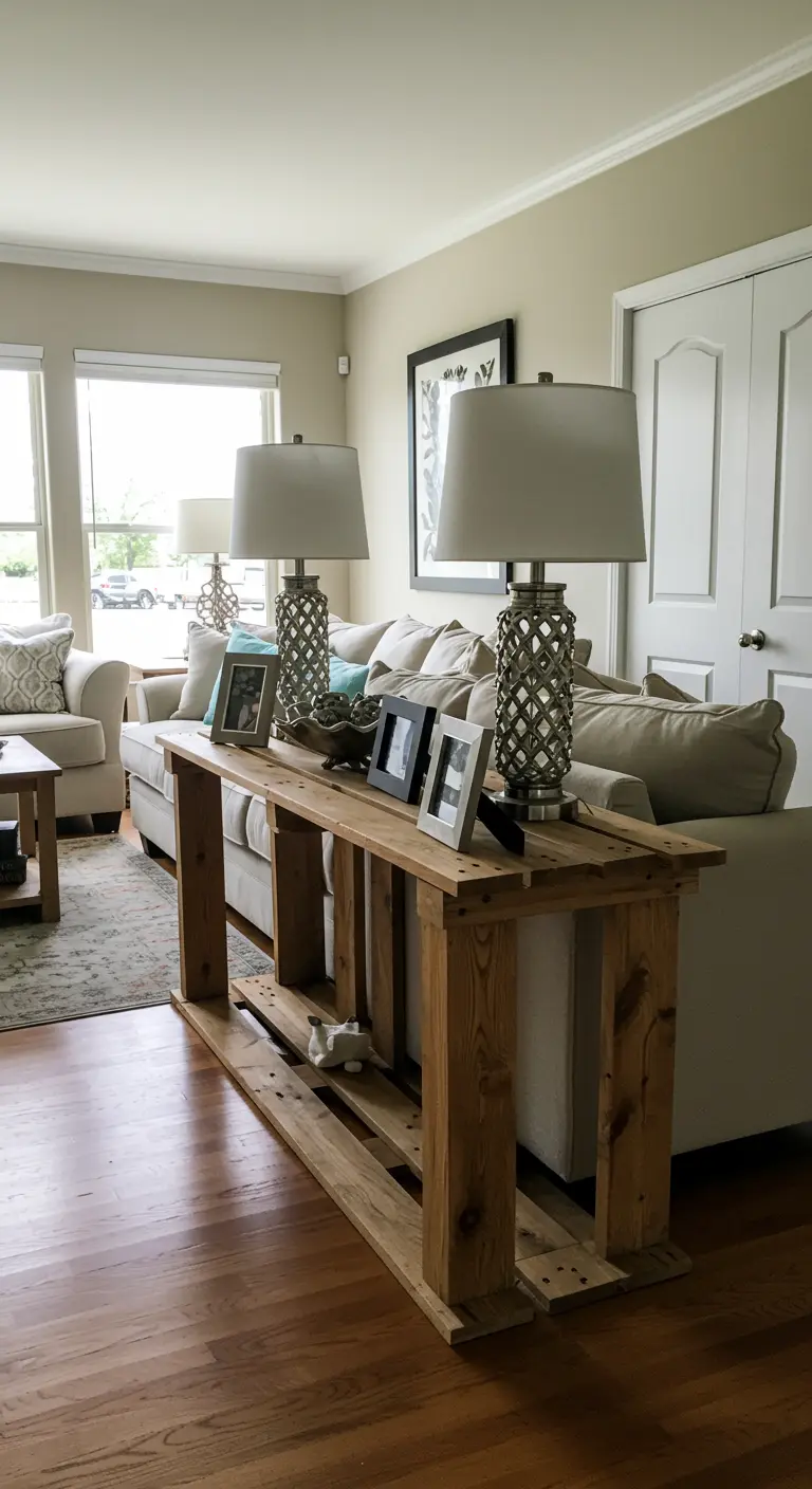 Mesa consola estrecha y alta hecha de madera de pallet, colocada detrás de un sofá beige.