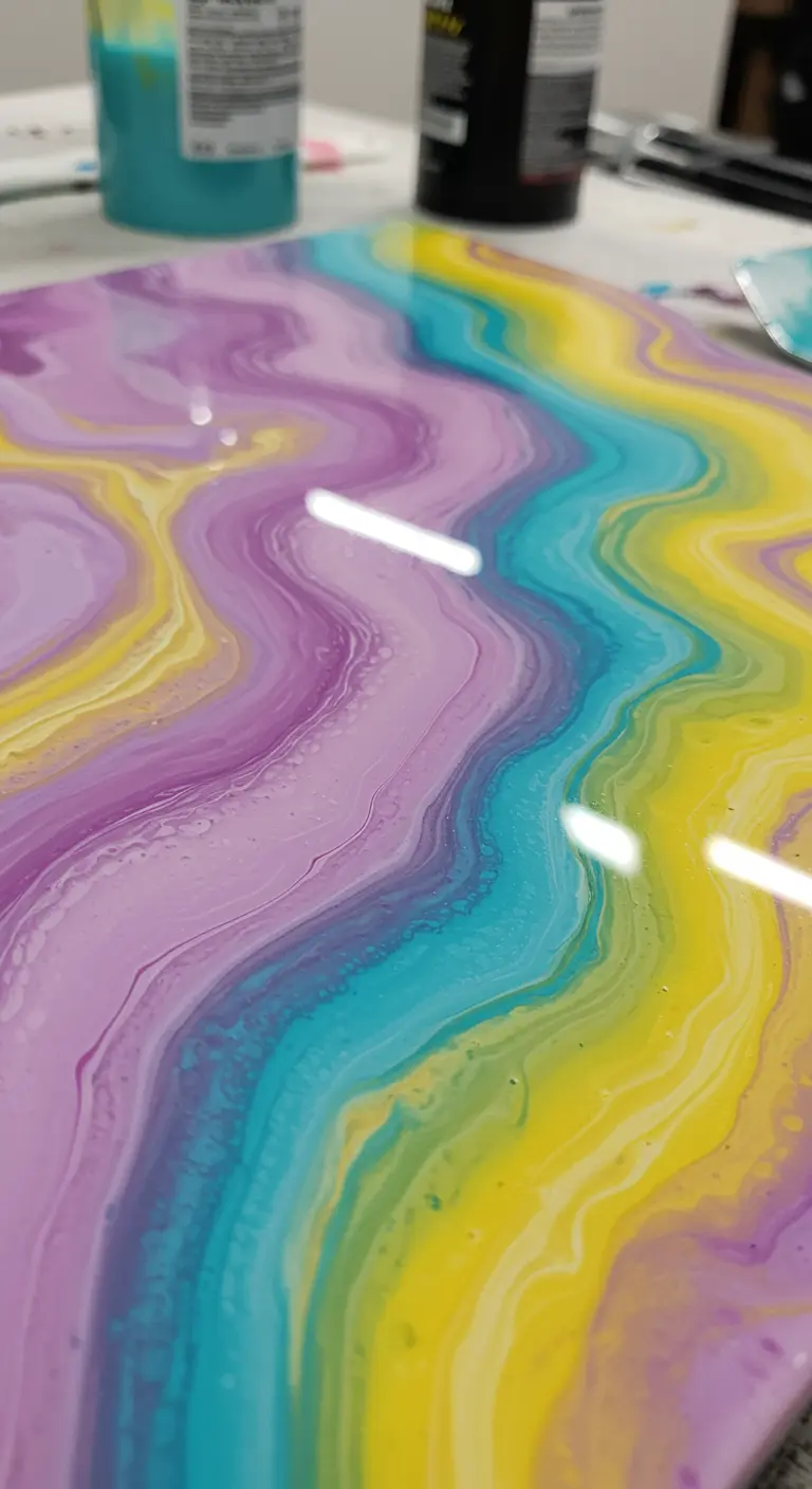 Primer plano de una pintura fluida con un acabado de resina brillante que refleja la luz