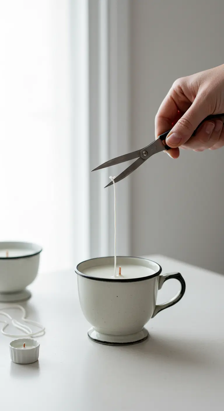 Mano recortando el pabilo de una vela en una taza de cerámica blanca con unas tijeras