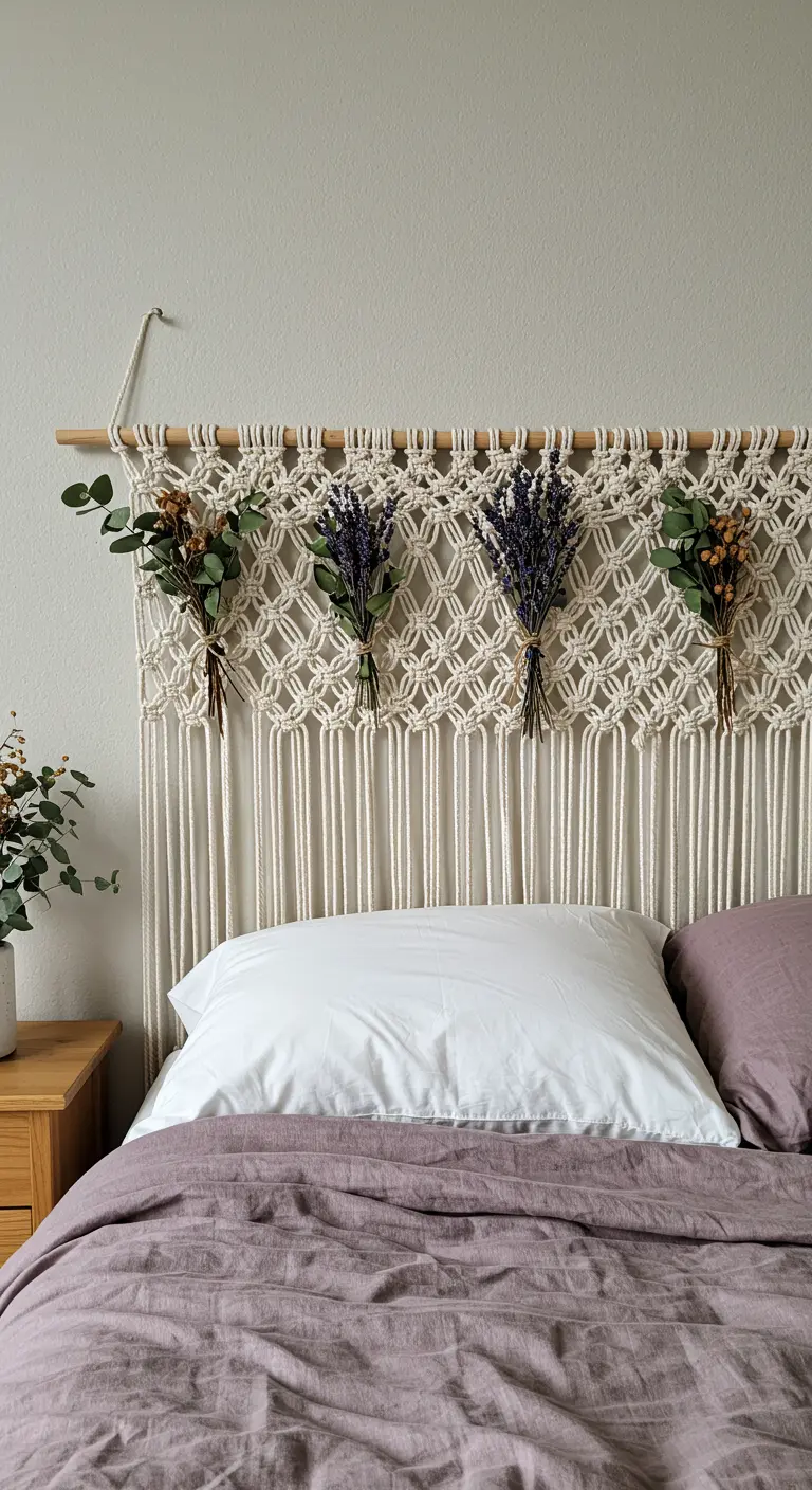 Cabecero de macramé decorado con pequeños ramos de lavanda y eucalipto.