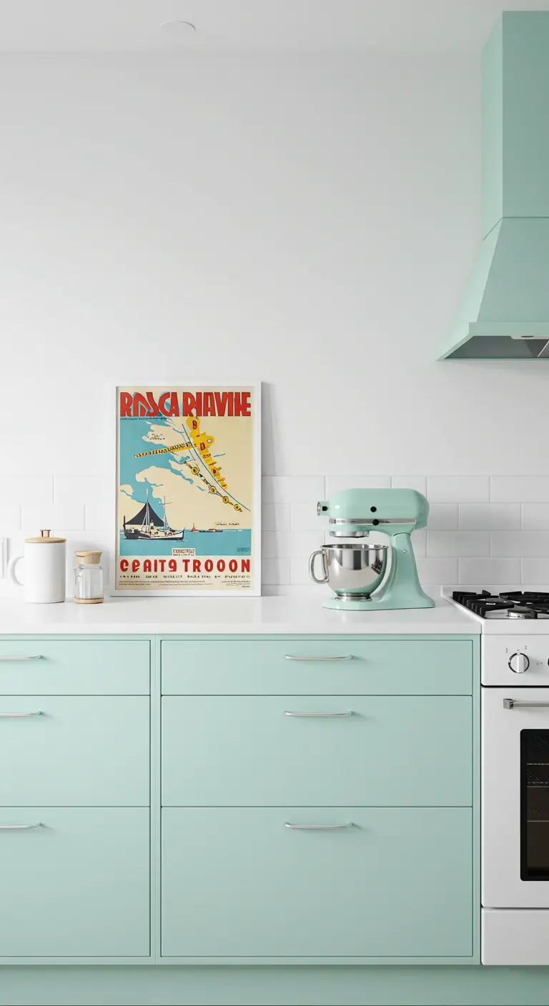 Cocina menta con encimera blanca y un póster de viajes vintage en la pared.