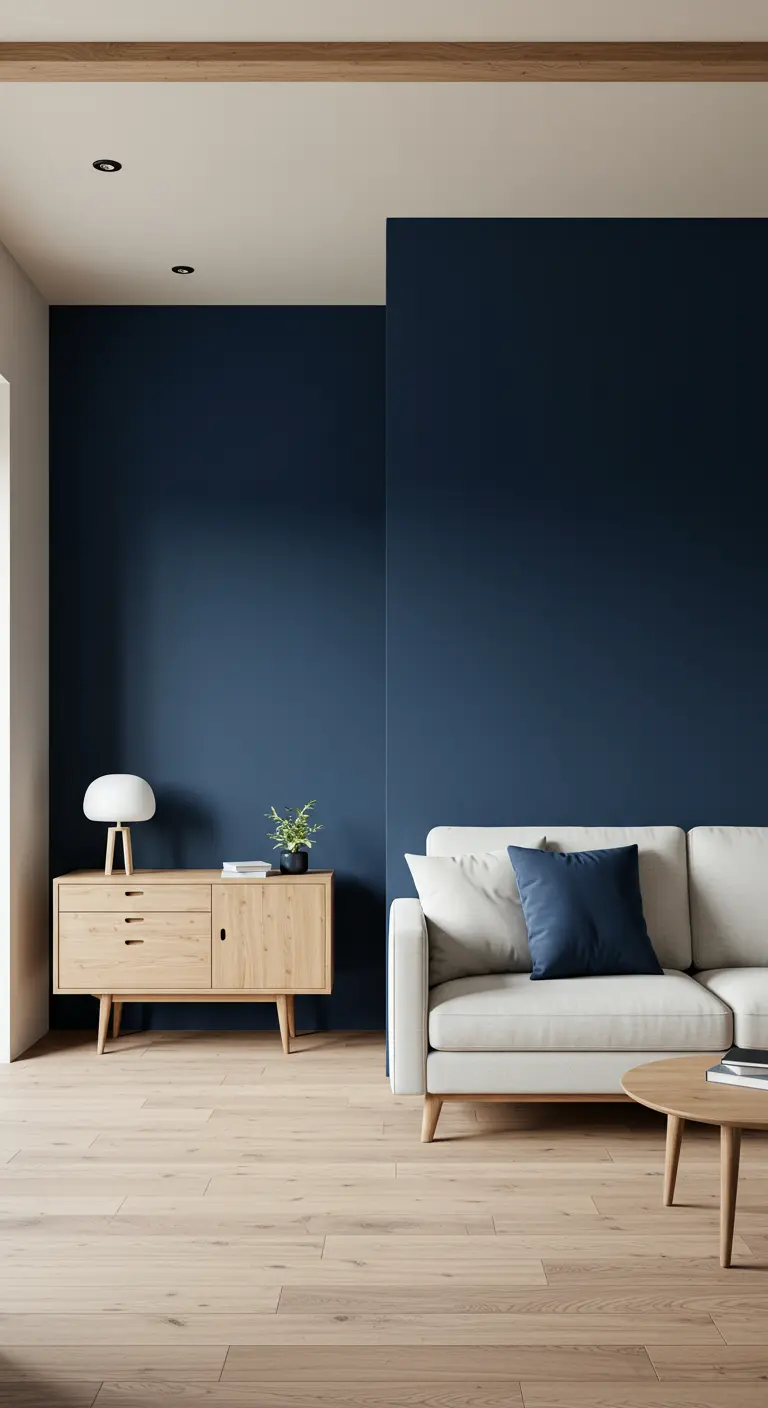 Sala minimalista con pared de acento en azul índigo, sofá blanco y aparador de madera clara.