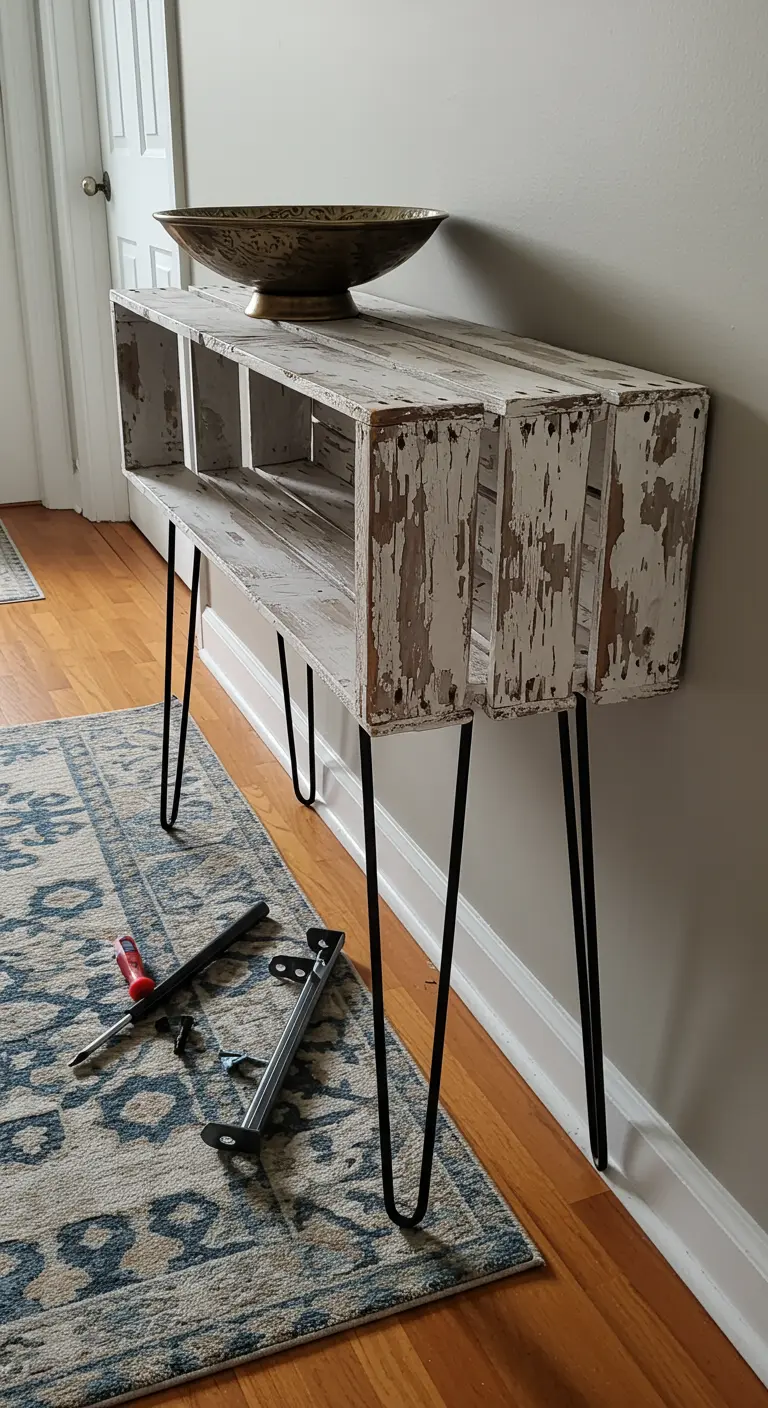 Consola estrecha hecha con cajas de madera pintadas de blanco y patas de horquilla negras.