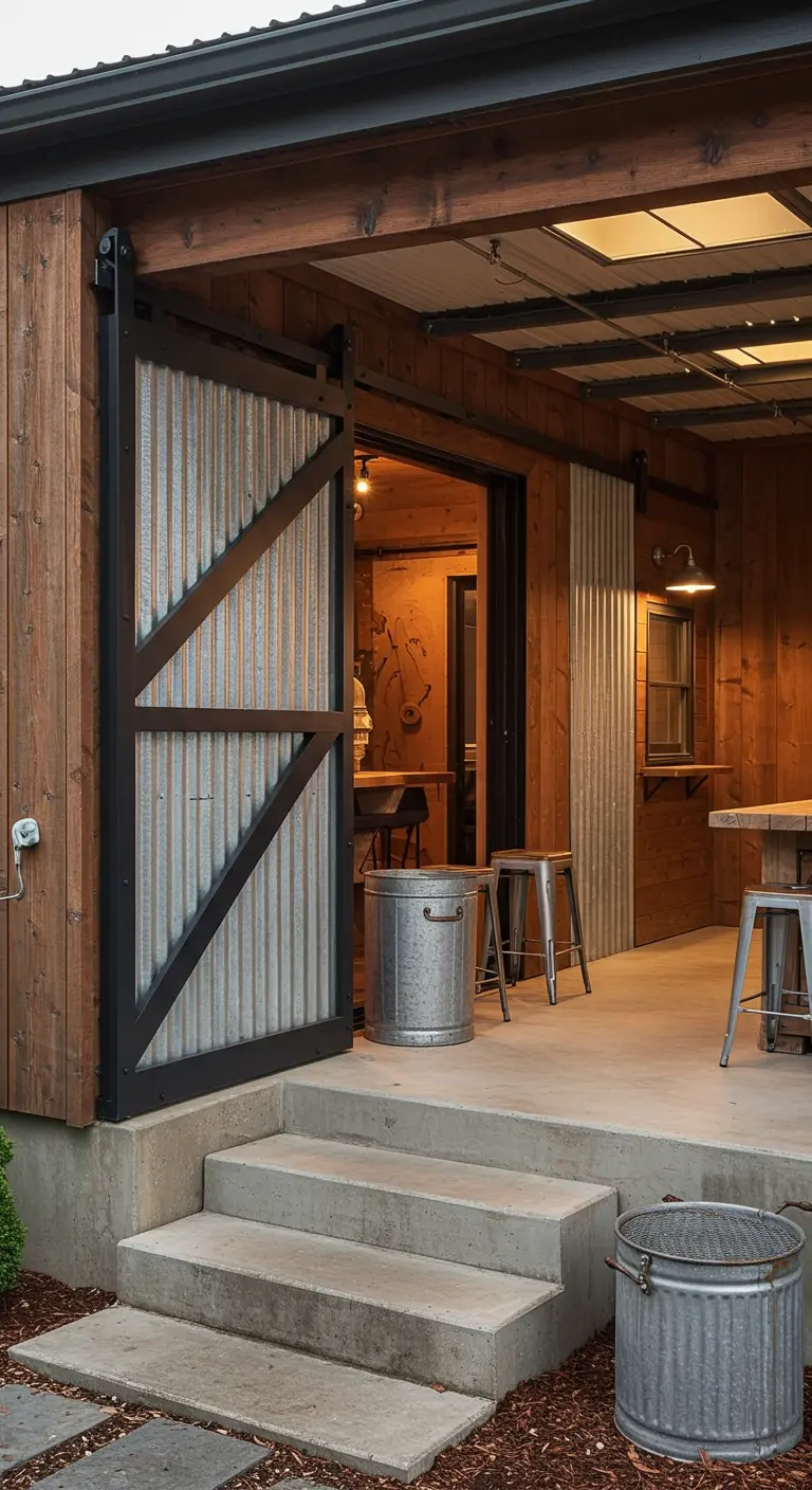 Puerta de granero con marco negro y panel de metal corrugado en un porche de estilo industrial.