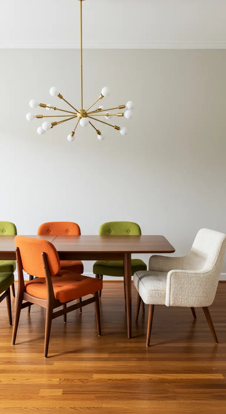 Comedor Mid-Century Modern con sillas naranjas, verdes y un sillón blanco en la cabecera.