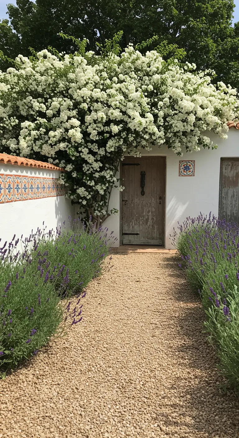 Camino de grava bordeado de lavanda que lleva a una puerta de madera. Un muro blanco tiene una cenefa de azulejos.