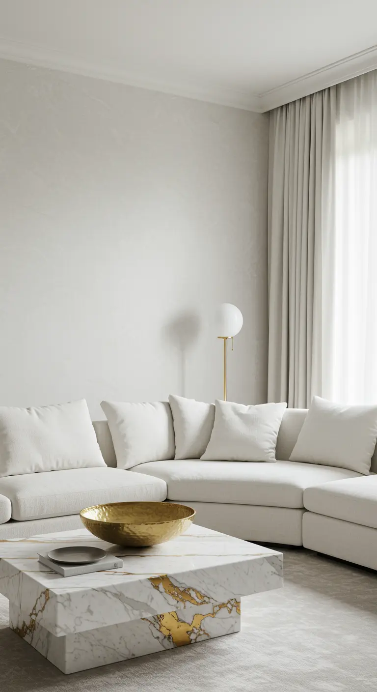 Salón minimalista con sofá seccional blanco y una mesa de centro de mármol con vetas doradas incrustadas