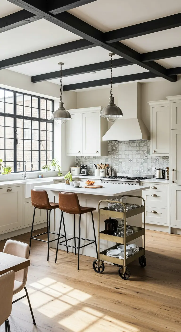 Cocina luminosa con gabinetes blancos, vigas negras en el techo y un carrito de bar dorado.