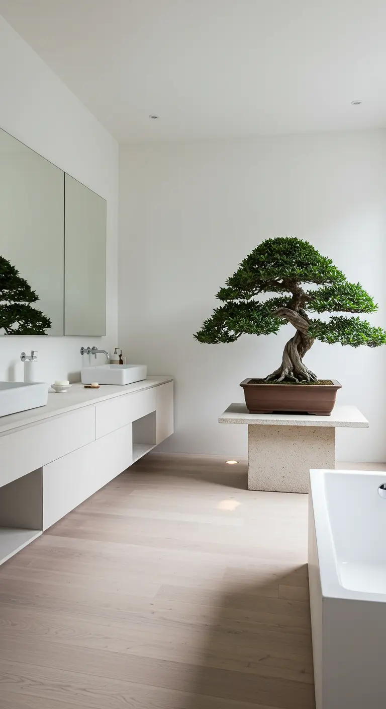 Baño minimalista blanco con un gran árbol bonsái como pieza central.
