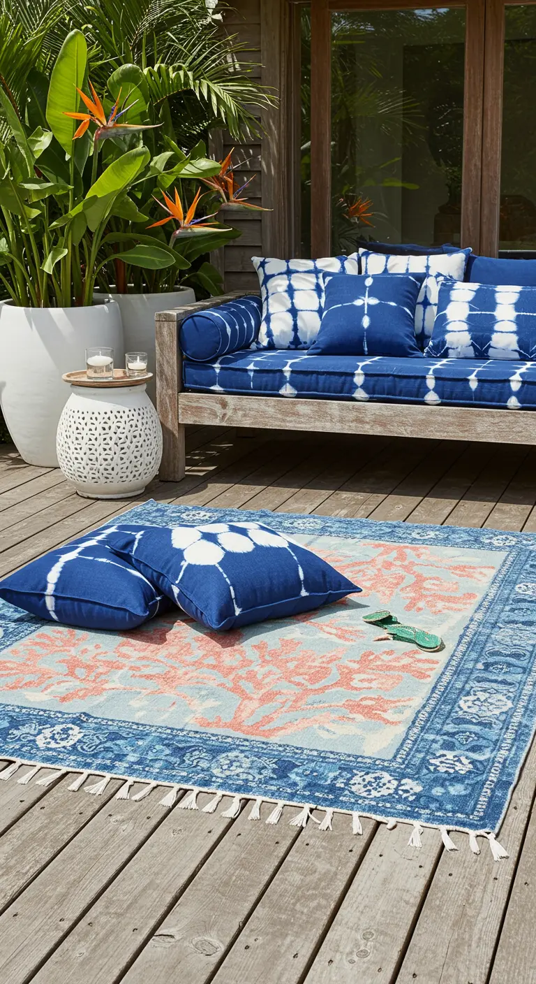 Terraza de madera con sofá y cojines tie-dye en azul y blanco sobre una alfombra a juego.