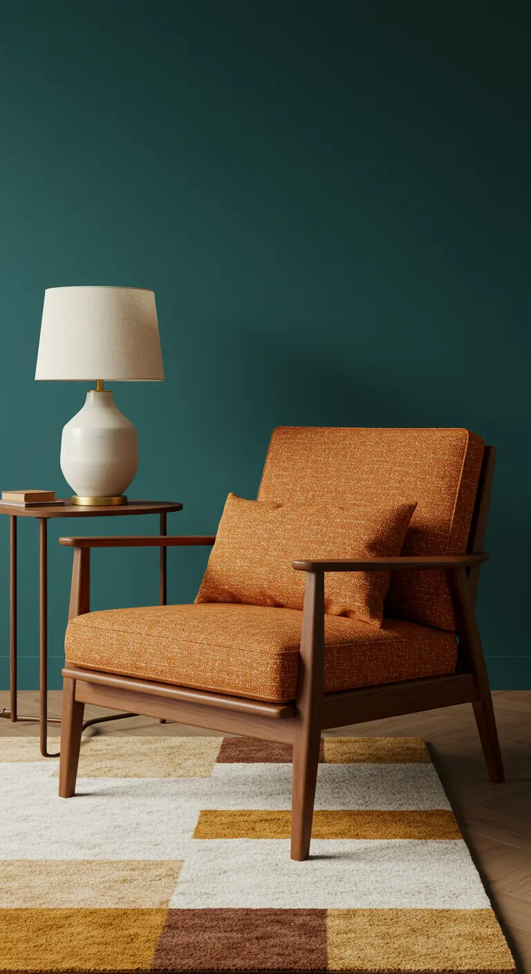 Sillón naranja de estilo Mid-Century frente a una pared verde azulado con alfombra geométrica.