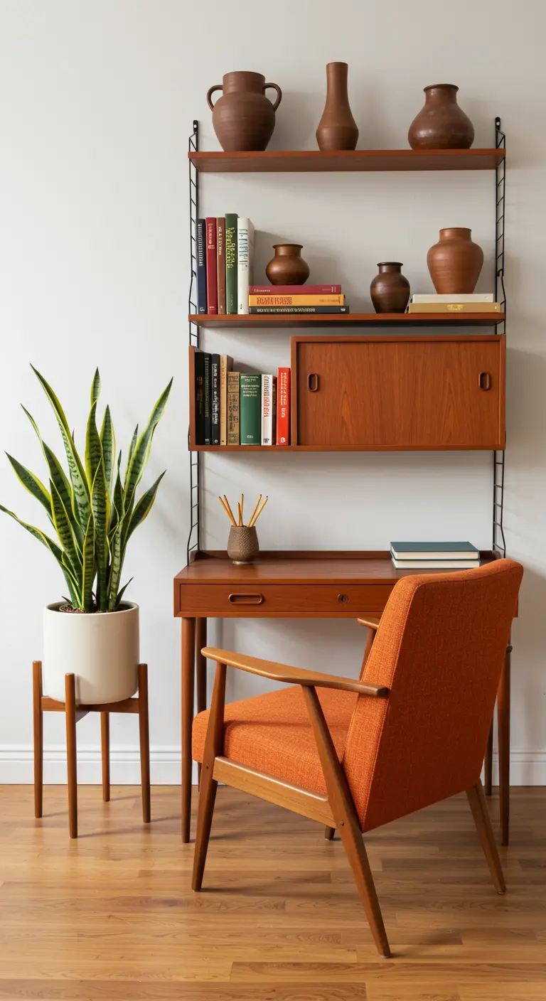 Escritorio Mid-Century de teca con una planta de serpiente y cerámica artesanal.